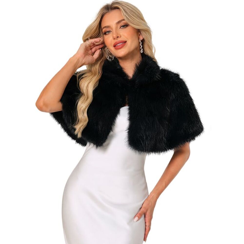 Women's Fur Shawl Wedding Faux Fur Wraps Collared Cape Coat Black